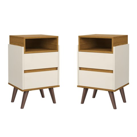 Conjunto 2 Mesas de Cabeceira Verona Moderna para Quarto 2 Gavetas Pés Retrô - Off White com Nature