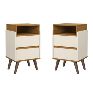Conjunto 2 Mesas de Cabeceira Verona Moderna para Quarto 2 Gavetas Pés Retrô - Off White com Nature