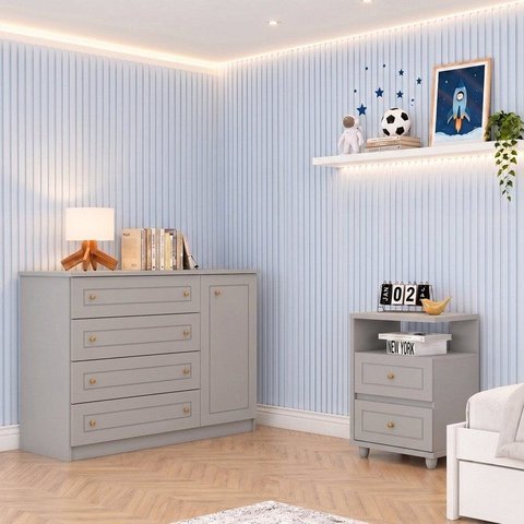 Conjunto Quarto Juvenil com Cômoda e Mesa de Cabeceira Americano Cinza