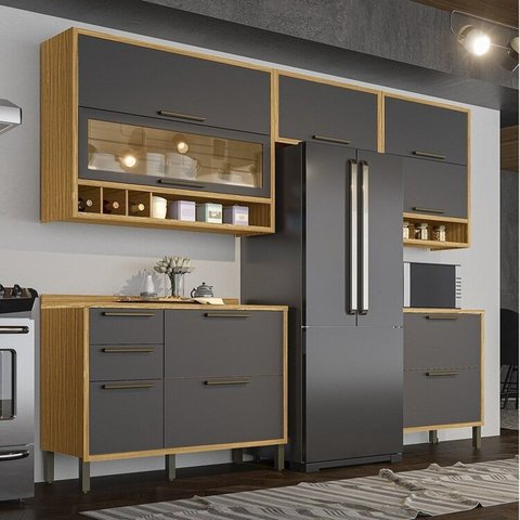 Cozinha Completa Modulada 100% MDF 5 Peças 8 Portas e Vidro Reflecta 280cm Vicenza Espresso Móveis Cinza/Amêndoa/Chumbo