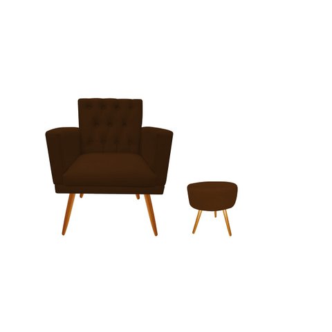 Kit Poltrona Decorativa Nina Capitonê + Puff Redondo Suede Marrom Pés Madeira Ms Decor