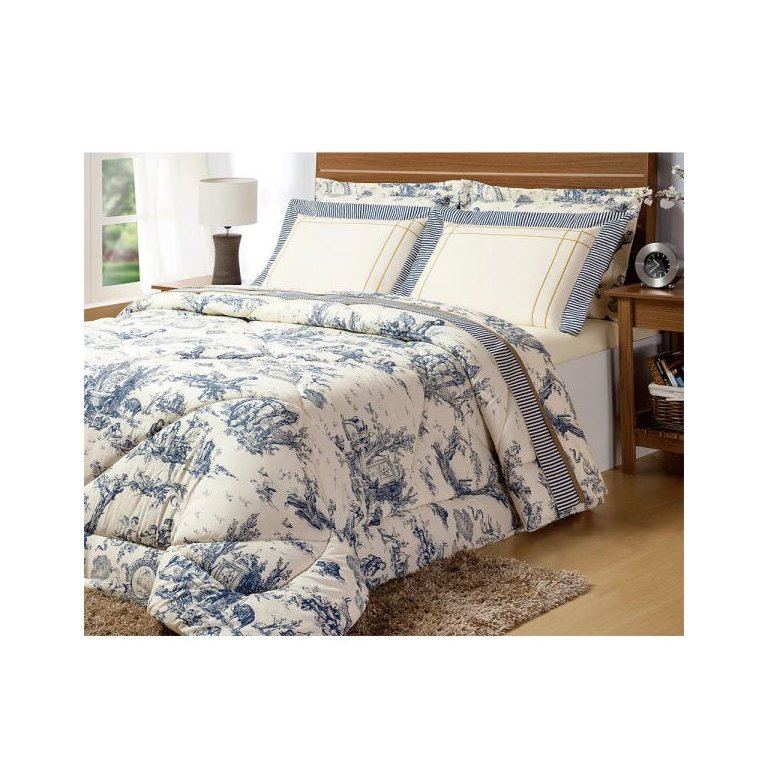 Jogo de Cama Queen 200 fios Porcelana Azul e Palha Casaborda 4 peças