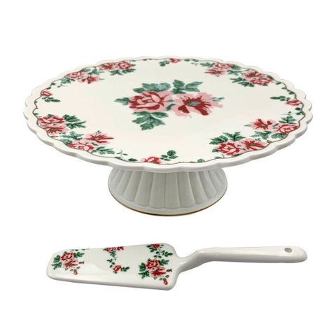 Prato para Bolo C/ Pe e Espátula em New Bone China D26xa10,5cm Branca com Borda Dourada Hermitage