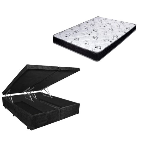 Cama Box Baú Queen Bi-partido Green Preto Suede + Colchão Espuma D28 138x188x14