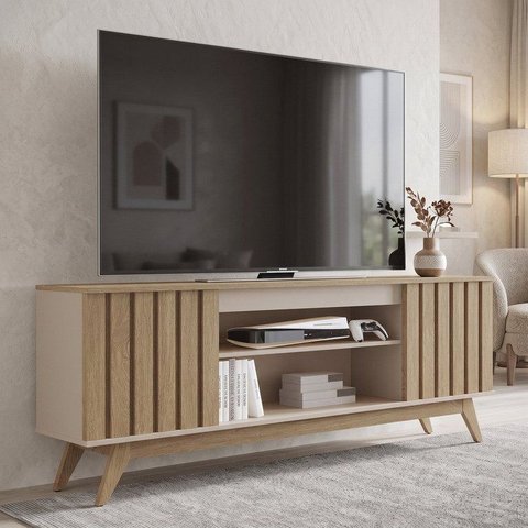 Rack Ripado Retrô para TV até 60 Polegadas MDF 160cm Pés em Madeira Maciça Malibu
