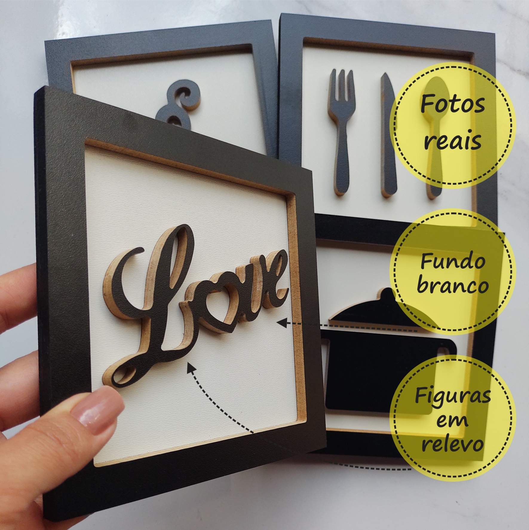 4 Quadros Decorativos 3D Love Cantinho Do Café em Relevo - 3