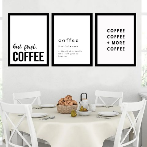Kit 3 Quadros Minimalistas Frases Café 24x18cm - com Vidro:moldura Preta