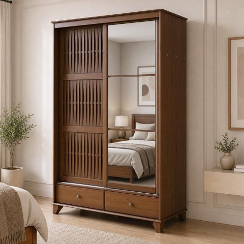 Guarda Roupa Solteiro Aton S05 2 Portas Correr 2 Gavetas Madeira Maciça Ipê Lyam Decor 140cm