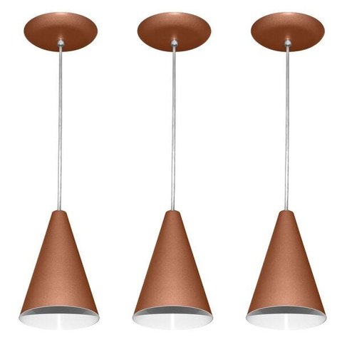 Kit 03 pendentes de alumínio modelo cone - ideal para balcão / bancada - Rose Gold