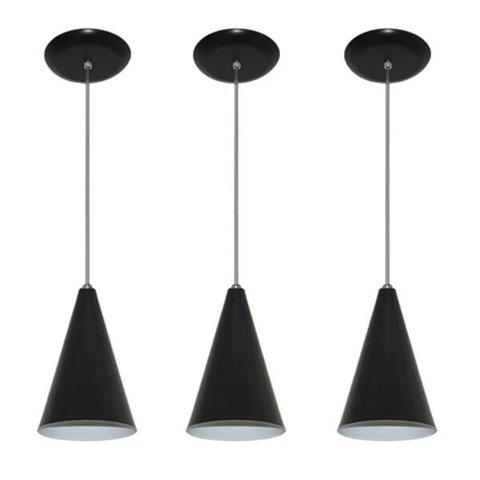 Kit 03 pendentes de alumínio modelo cone - ideal para balcão / bancada - Preto