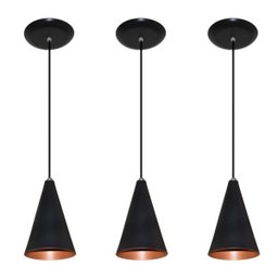 Kit 03 pendentes de alumínio modelo cone - ideal para balcão / bancada - Preto com Cobre - 1