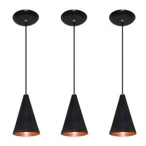 Kit 03 pendentes de alumínio modelo cone - ideal para balcão / bancada - Preto com Cobre