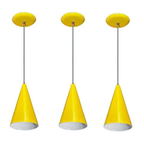 Kit 03 pendentes de alumínio modelo cone - ideal para balcão / bancada - Amarelo
