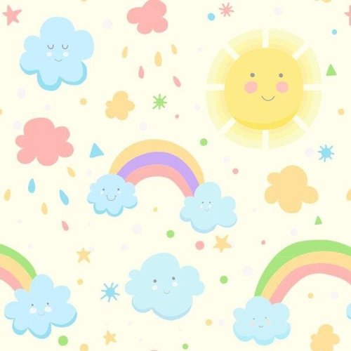 padrão perfeito com sol kawaii, arco-íris e nuvem sobre fundo azul