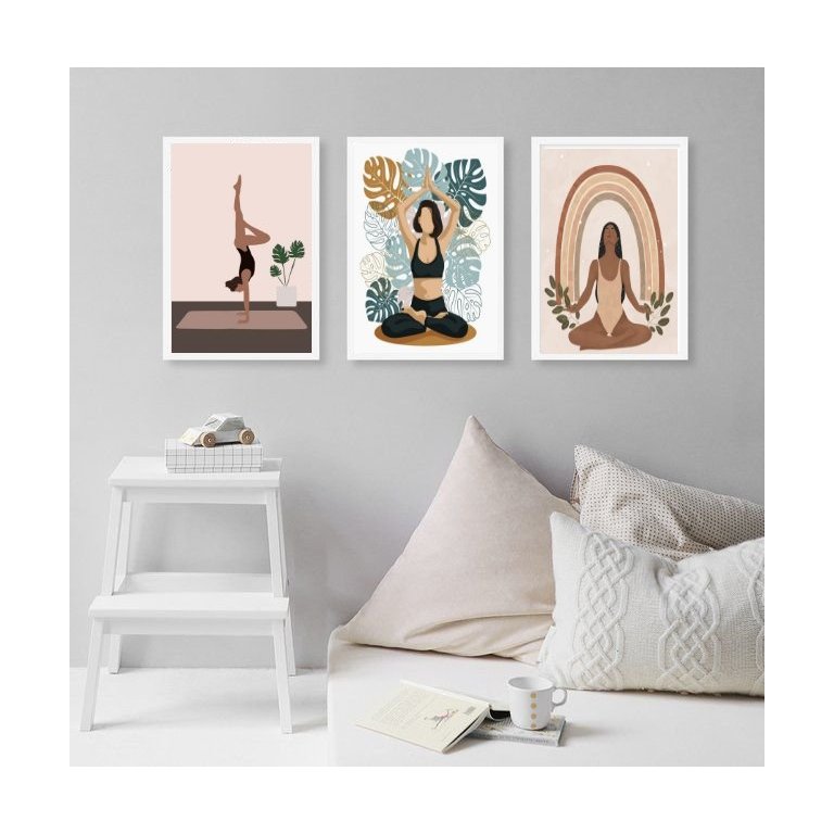 Kit 3 Quadros Decorativos Yoga e Plantas 45x34cm - com Vidro:madeira Branca