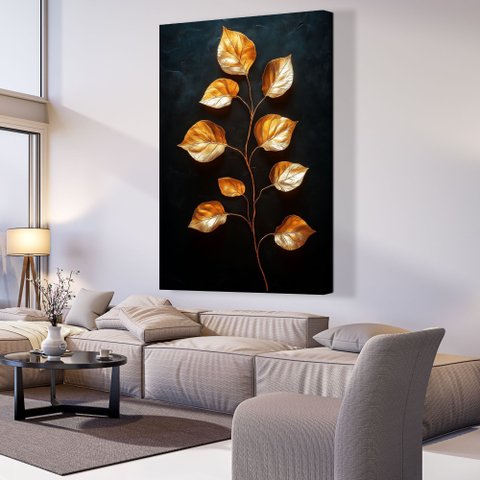 Quadro Decorativo Folhas Douradas Fundo Black Sala Quarto Casa Escritório