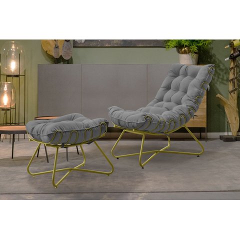 Poltrona Costela Luxo com Puff EVA Metal Dourado Veludo Cinza