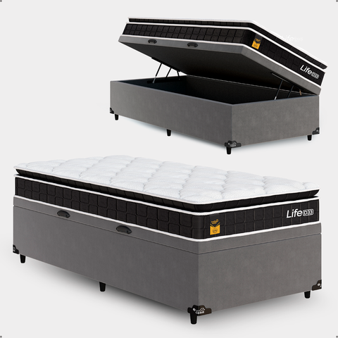 Cama Box Baú Solteiro Cinza + Colchão Life D33 Pillow Top 61x88x188cm Preto - e-Shop Casa