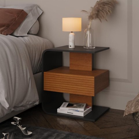 Mesa de Cabeceira Celta em Mdf 15mm com 1 Gaveta Preto e Cedro
