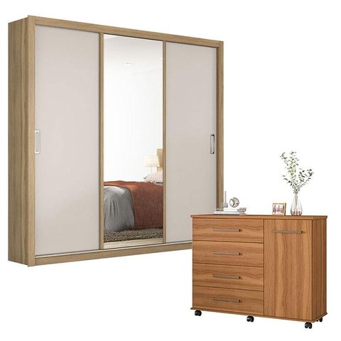 Cômoda Flora e Guarda Roupa Casal Residence Amêndola Off White - Demóbile