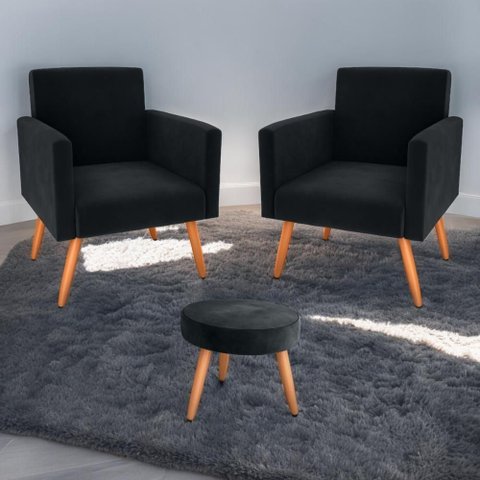 Jogo de Poltronas e Puff Austin Veludo Inca Preto