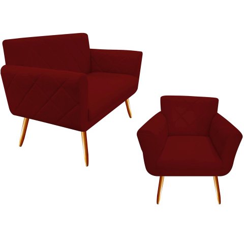 Kit Namoradeira + 1 Poltrona Decorativa Sabrina Suede Marsala Pés Madeira Mz Decor