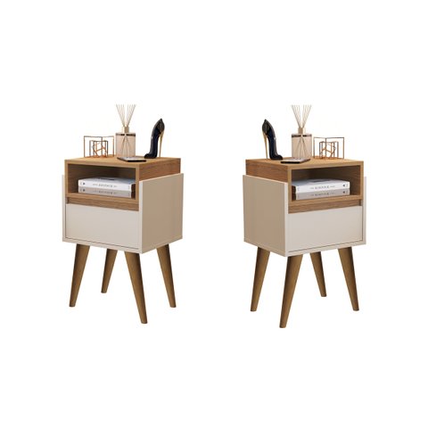 Kit 2 Mesas de Cabeceira Evora Pés Palito Off white / Nature - JM Casa dos Moveis