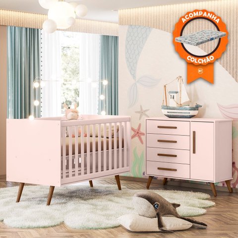 Berço Mini Cama 3820 com Colchão Probel e Cômoda 3825 para Quarto de Bebê Qencanto Retrô Rosa Qmovi