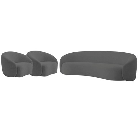 Kit Sofá 3 Lugares 200cm e 2 Poltronas Orgânica Luxo Recepção Amore Linho Cinza Escuro - Amarena Móv