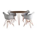 Ver imagem 2 de Mesa Jantar Redonda 110cm Amêndoa Clips 3 Pés com 4 Poltronas Brancas Eames Eiffel Base Cobre