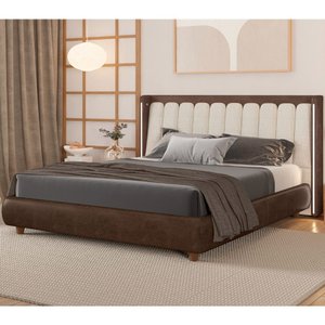 Cama Japonesa com Cabeceira em Led Seo-yeon King Nobuck Marrom/ Linho Off White - Sallar Home