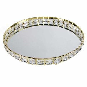 Bandeja Decorativa Redonda Dourada Cristal com Espelho 31cm Kv0257 Btc