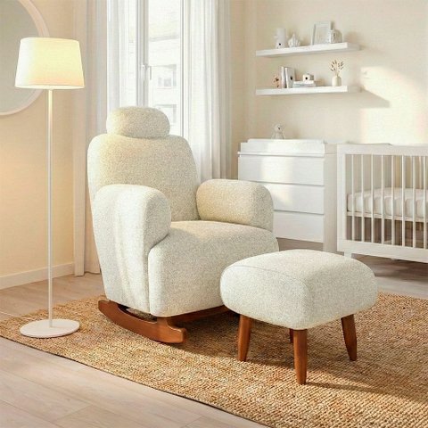Poltrona Amamentação de Balanço com Puff Aurora Conforto Extra e Design Atual Chenille Bege Fendi