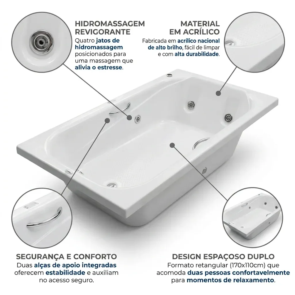 Ver imagem 4 de Banheira Hidromassagem Dupla Cristal Ouro Fino 4 Jatos com Alças e Piso Antiderrapante 170x110cm em Acrilico 220V