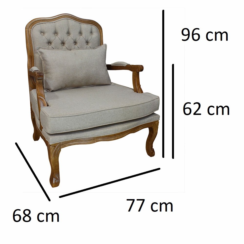 Poltrona Clássica King Entalhada Capitonê Verniz Imbuia e Linho Bege 2 Pçs