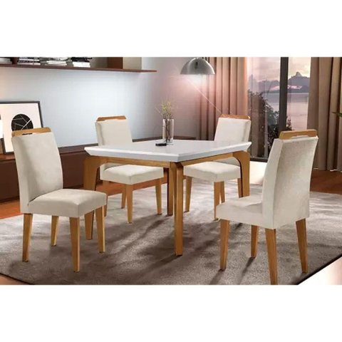 Kit Mesa Londrina Tampo Vidro 120cm + 4 Cadeiras Imbuia Veludo Creme