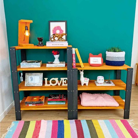 Conjunto Estante Aparador Woods 4 e 3 Prateleiras Sarrafeadas Carvalho e Preto