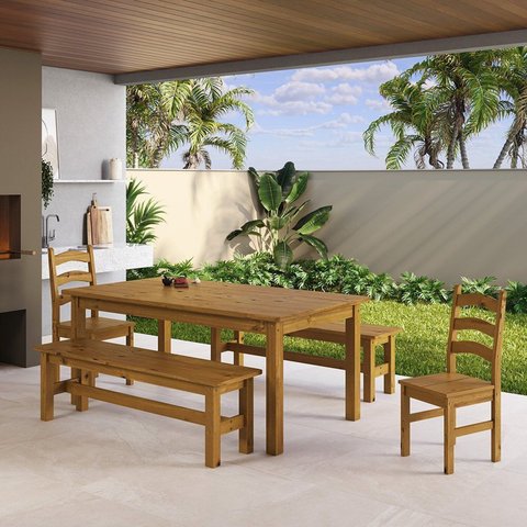 Conjunto Mesa 180cm 2 Cadeiras e 2 Bancos Área Gourmet Madeira Maciça Ventimiglia Yescasa Marrom/Nogueira