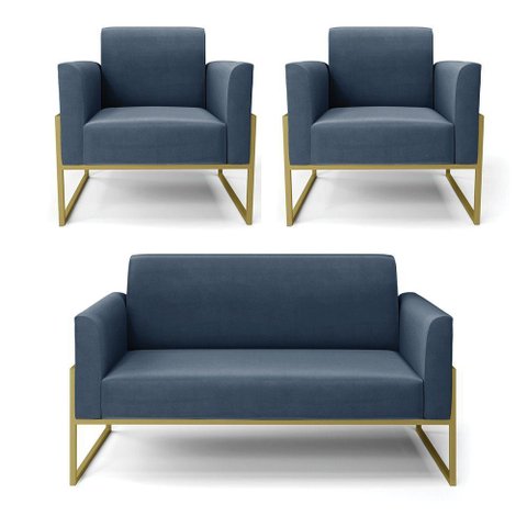 Sofá Namoradeira com 2 Poltronas Base Industrial Alta Dourado Marisa Suede Azul Marinho D03 - D\'
