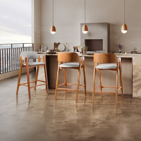 Kit 6 Banquetas de Madeira Maciça Gaia Estofadas Cinza