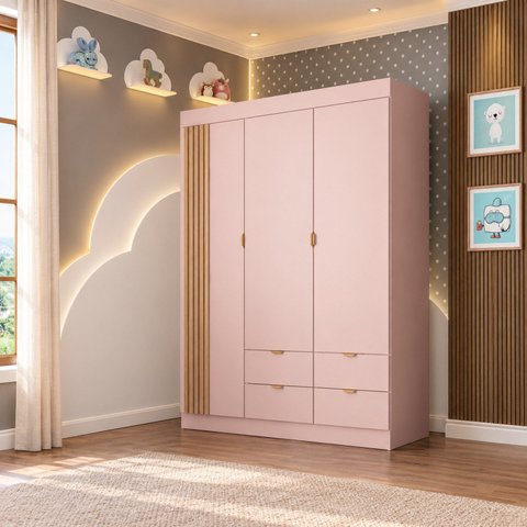 Guarda-Roupa Infantil 100% MDF 3 Portas e 4 Gavetas Ayla Rose