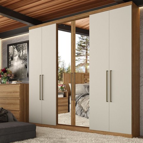 Guarda-Roupa Casal 6 Portas 2 Gavetas com Espelho e Chave 219x210x47cm Presence Almendra/Off White
