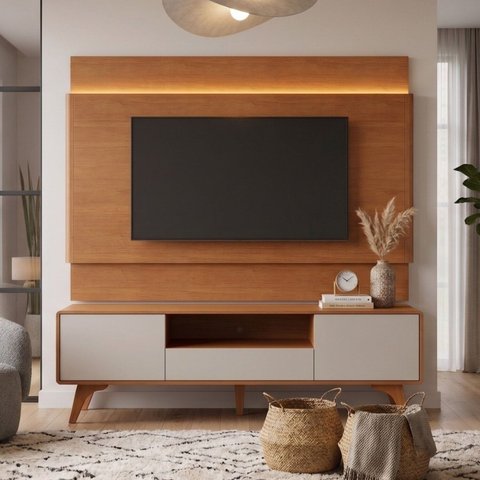Rack com Painel para TV até 65 Polegadas 185cm x 187cm com LED 100% MDF Pés em Madeira Maciça Ares