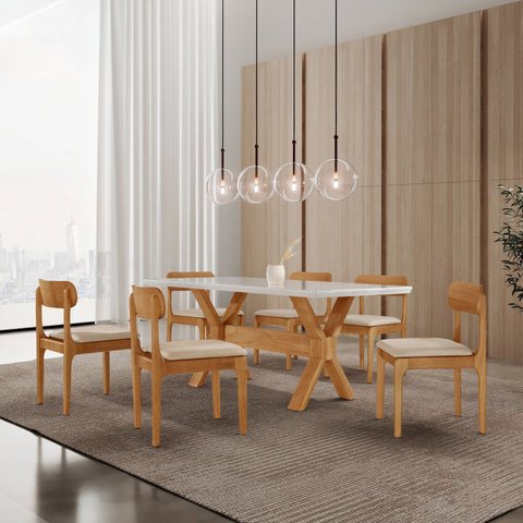 Conjunto de Mesa de Jantar Bellini Tampo 180cm Laqueado Canto Moeda 6 Cadeiras Bellini Off White/Veludo Bege/Imbuia Marrom/Cinamomo/La