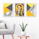 Ver imagem 2 de Kit 3 Quadros Geométricos Mulher Cinza e Amarelo 45x34cm - com Vidro:madeira Branca