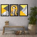 Ver imagem 1 de Kit 3 Quadros Geométricos Mulher Cinza e Amarelo 45x34cm - com Vidro:madeira Branca