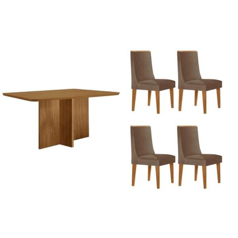 Conjunto: Mesa de Cozinha Berlim Tampo Curvo 120cm+4 Cadeiras Dakota Madeira Naturale - Capuccino/