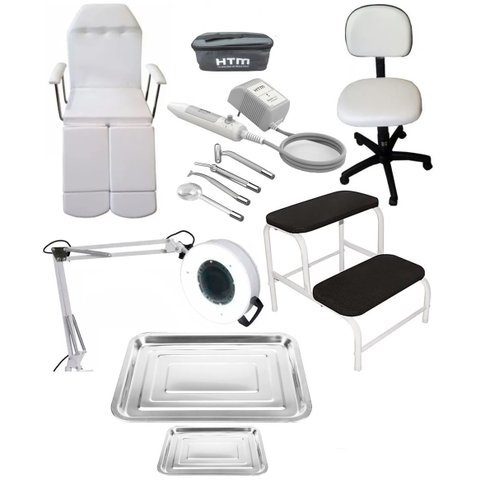 Kit Cadeira Podologia Mocho Exaustor com Luminária Escada Alta Frequência Htm Brinde Fiscomed Kit Ma