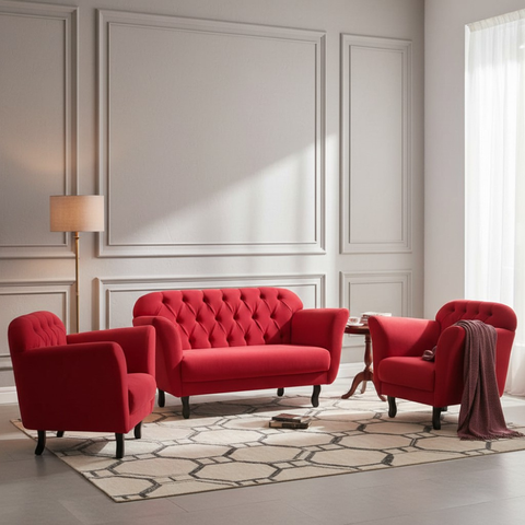 Kit Namoradeira + 2 Poltronas Decorativa Dália Veludo Vermelho