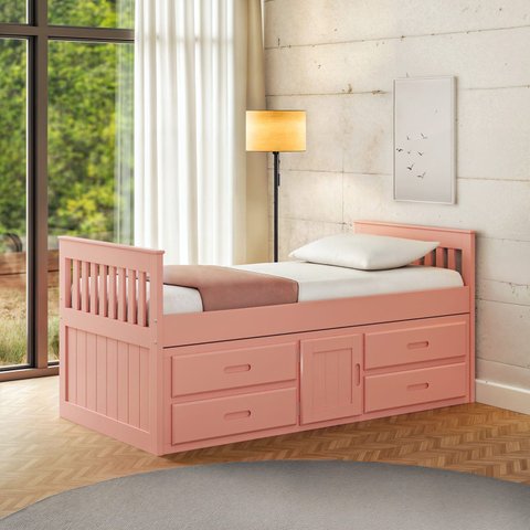 Cama Solteiro com 04 Gavetas e 01 Porta Funcional de Madeira Maciça - Rosa
